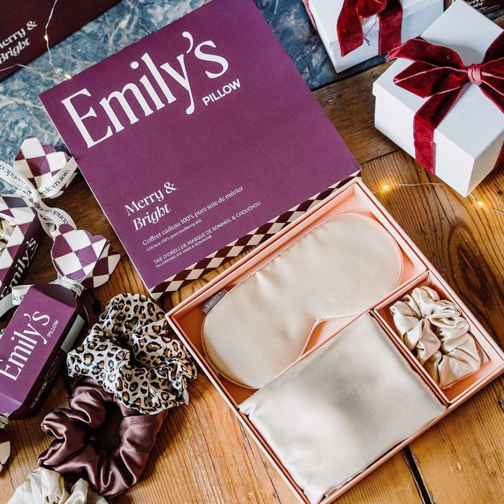 Coffret de Noël - Taie en soie, masque de sommeil, chouchou OFFERT - Champagne