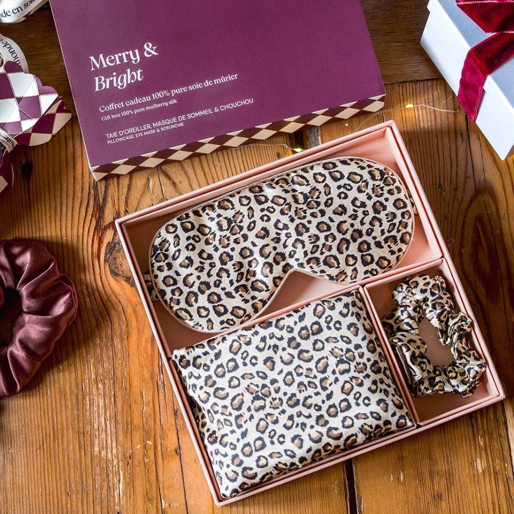 Coffret de Noël - Taie en soie, masque de sommeil, chouchou M - Léopard