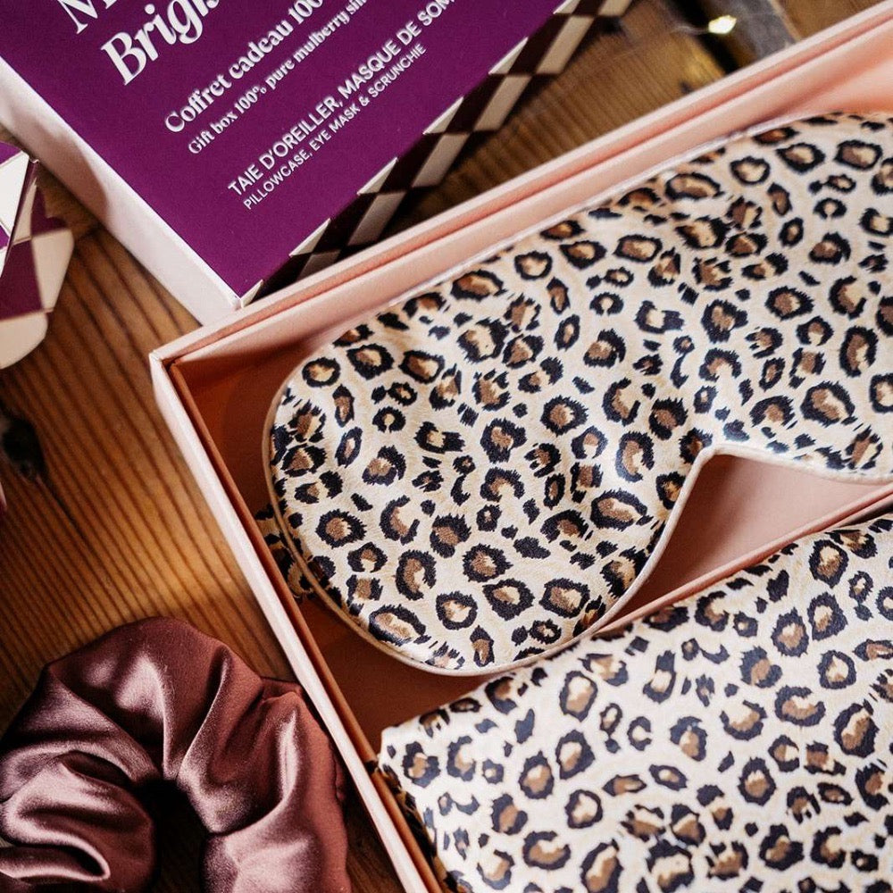 Coffret de Noël - Taie en soie, masque de sommeil, chouchou OFFERT - Léopard