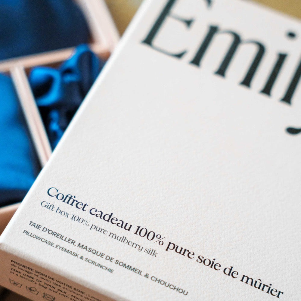 Coffret de Noël - Taie en soie, masque de sommeil, chouchou M - Bleu Nuit