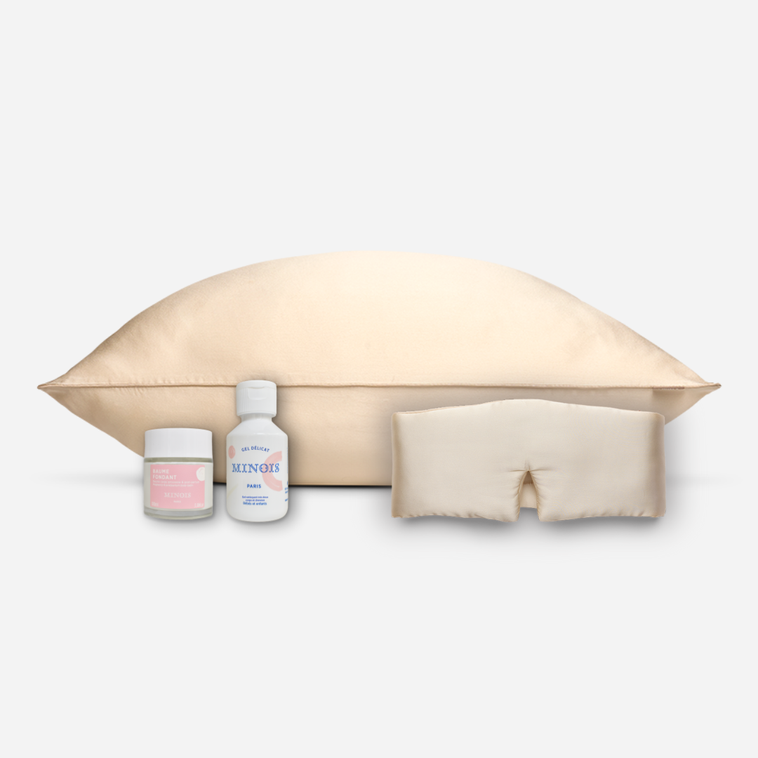 Maternity pack - silk pillowcase, night mask + shower gel and Minois balm