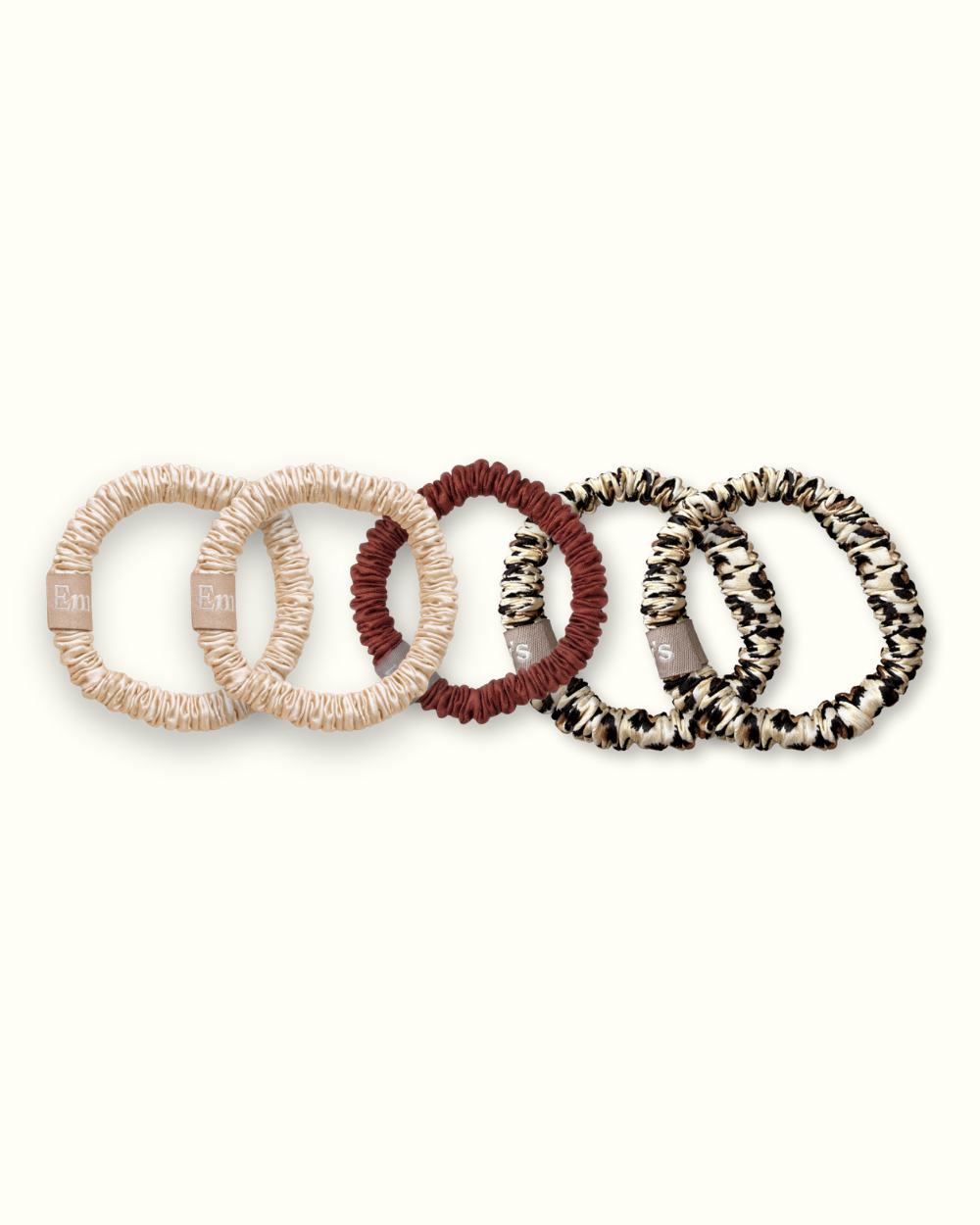Set of 5 100% Silk Scrunchies - Mini - Champagne (x2), Leopard (x2), Moka