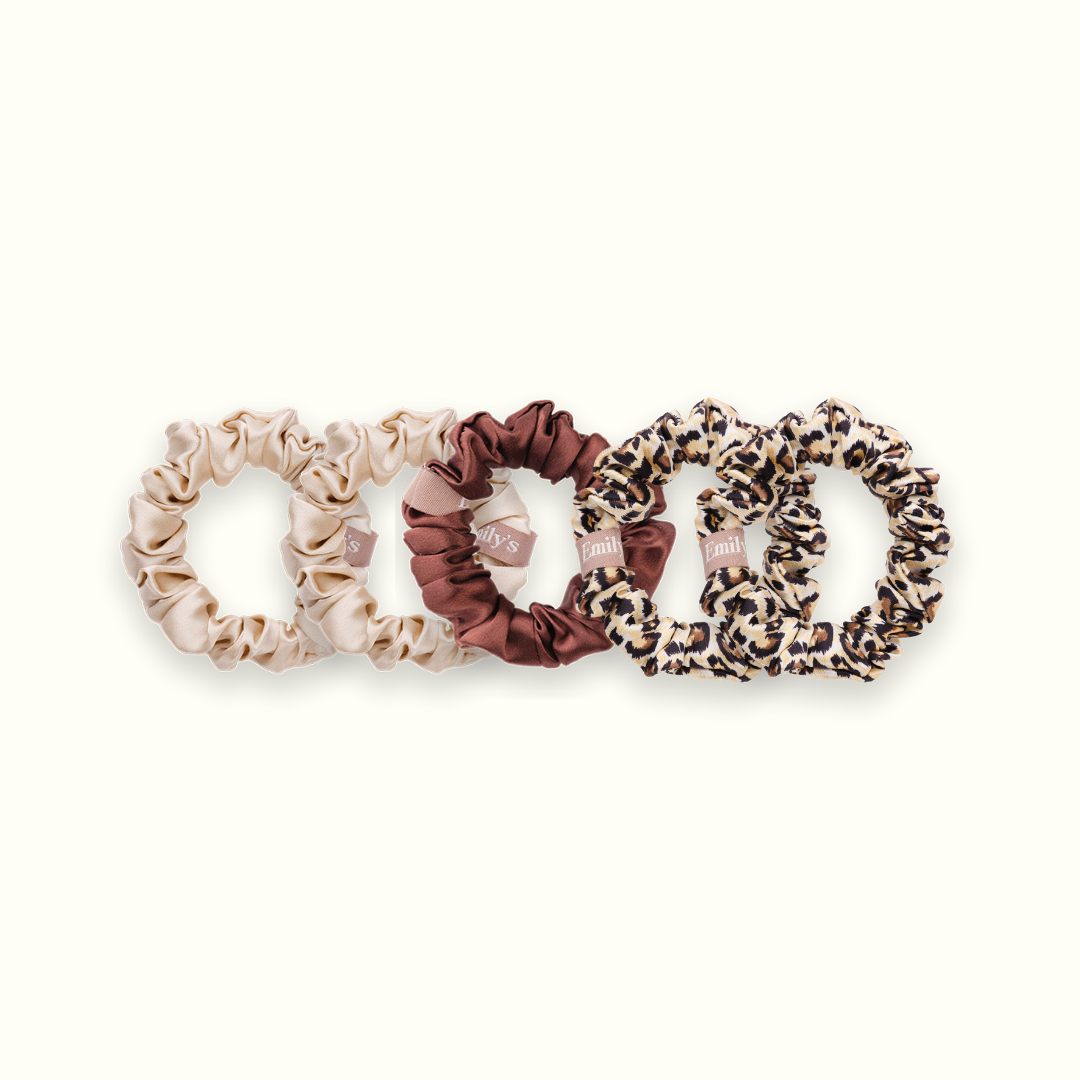 Set of 5 100% Silk Scrunchies - The Small - Champagne (x2), Leopard (x2), Mocha