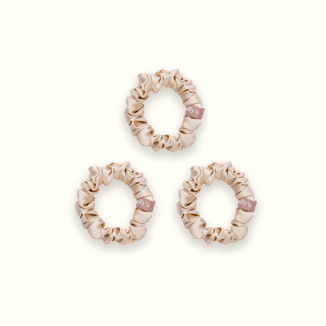 Set of 3 100% Pure Silk Scrunchies - The Small - Champagne