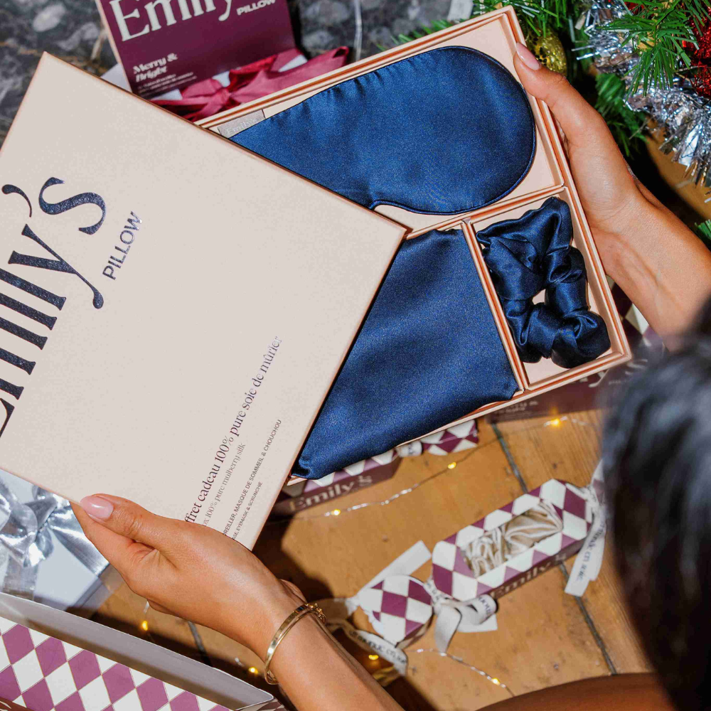 Coffret de Noël - Taie en soie, masque de sommeil, chouchou OFFERT - Bleu Nuit