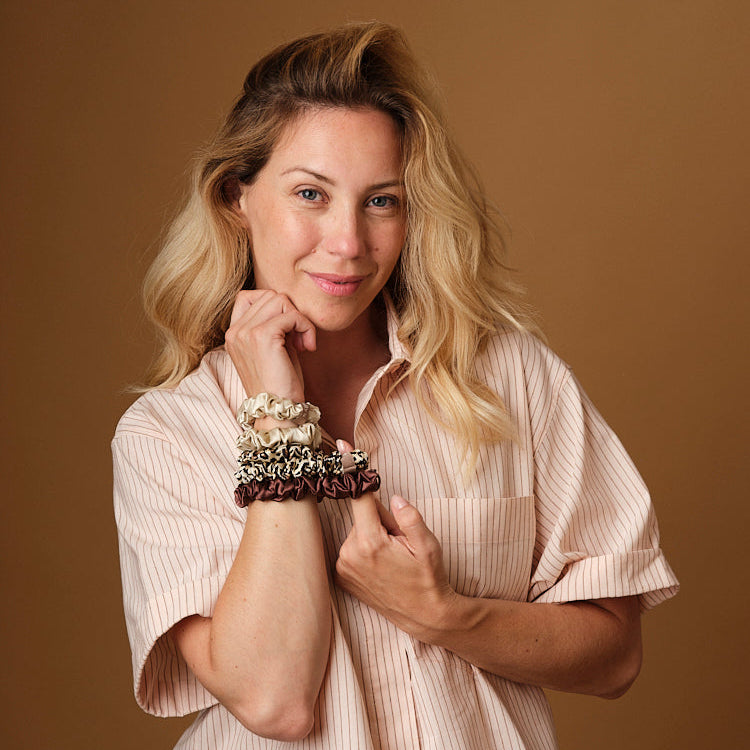 Set of 5 100% Silk Scrunchies - The Small - Champagne (x2), Leopard (x2), Mocha