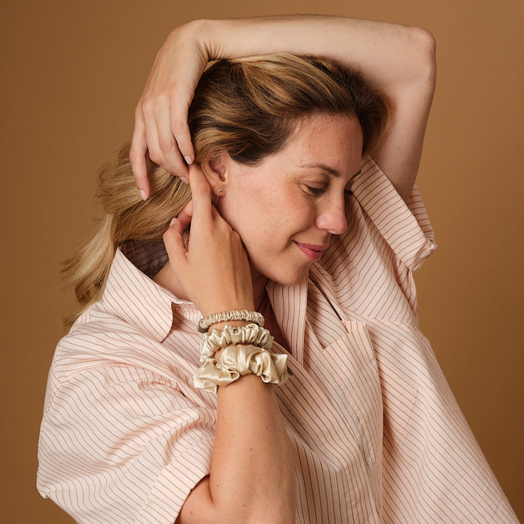 Juego de 3 coleteros 100 % seda: mini, pequeño y mediano, color champán