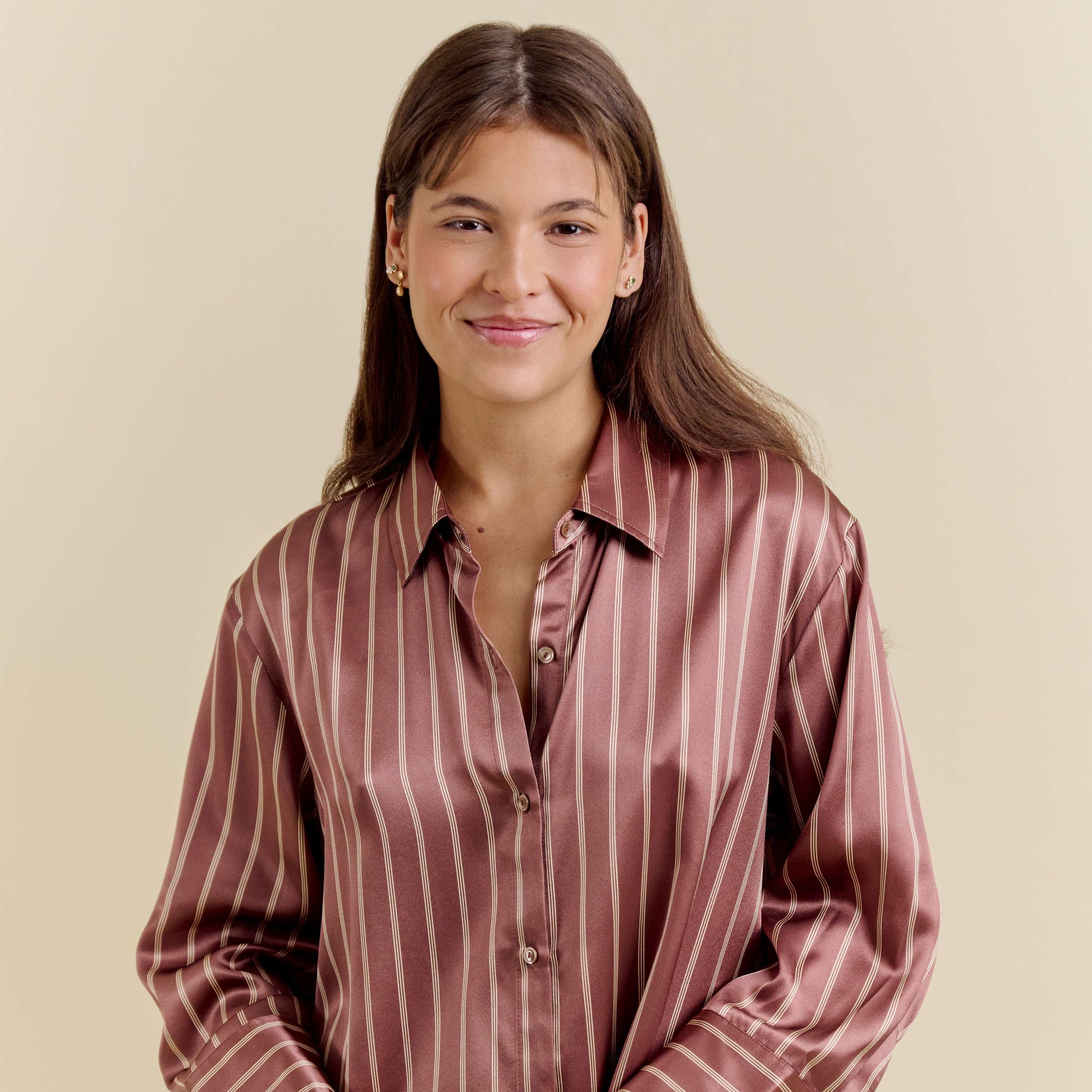 Chemise Oversize 100% pure soie de mûrier - Rayures Marron