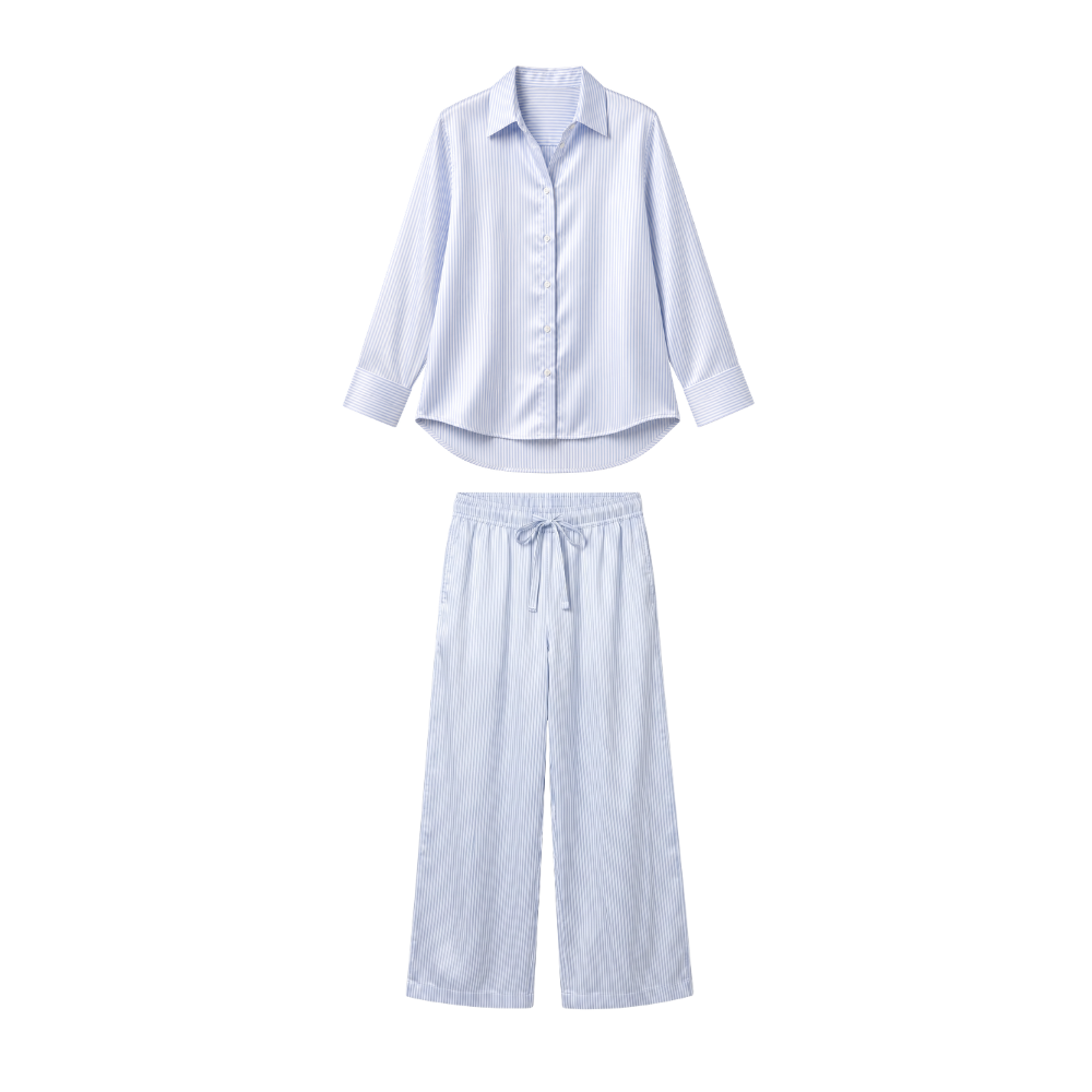 Pyjama Oversize 100% pure soie de mûrier - Rayures Bleu Clair
