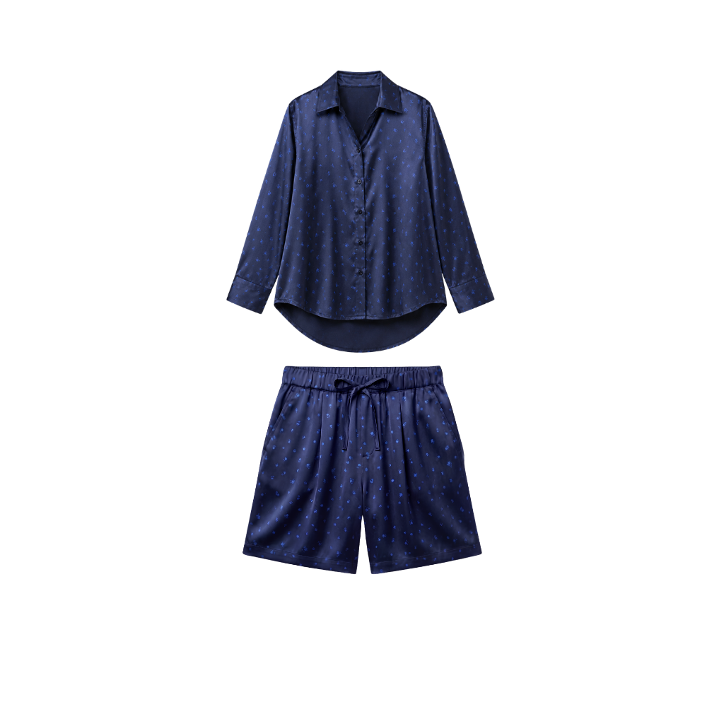 Pyjama Court Oversize 100% pure soie de mûrier - Bleu Nuit Fleuri