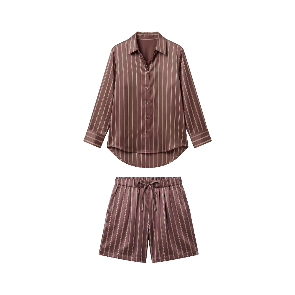 Pyjama Court Oversize 100% pure soie de mûrier - Rayures Marron