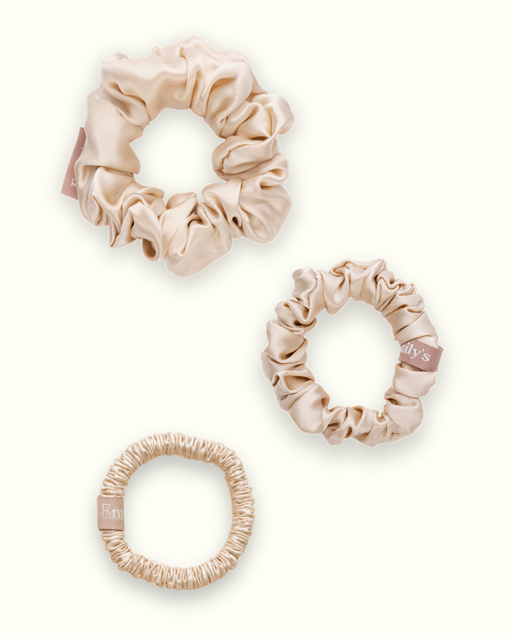 Juego de 3 coleteros 100 % seda: mini, pequeño y mediano, color champán