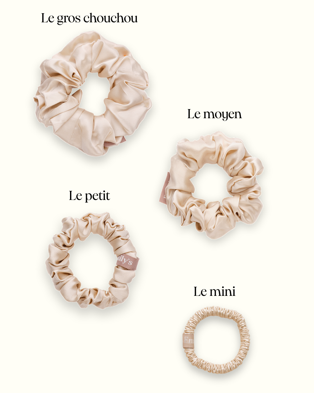 Juego de 3 coleteros 100 % seda: mini, pequeño y mediano, color champán