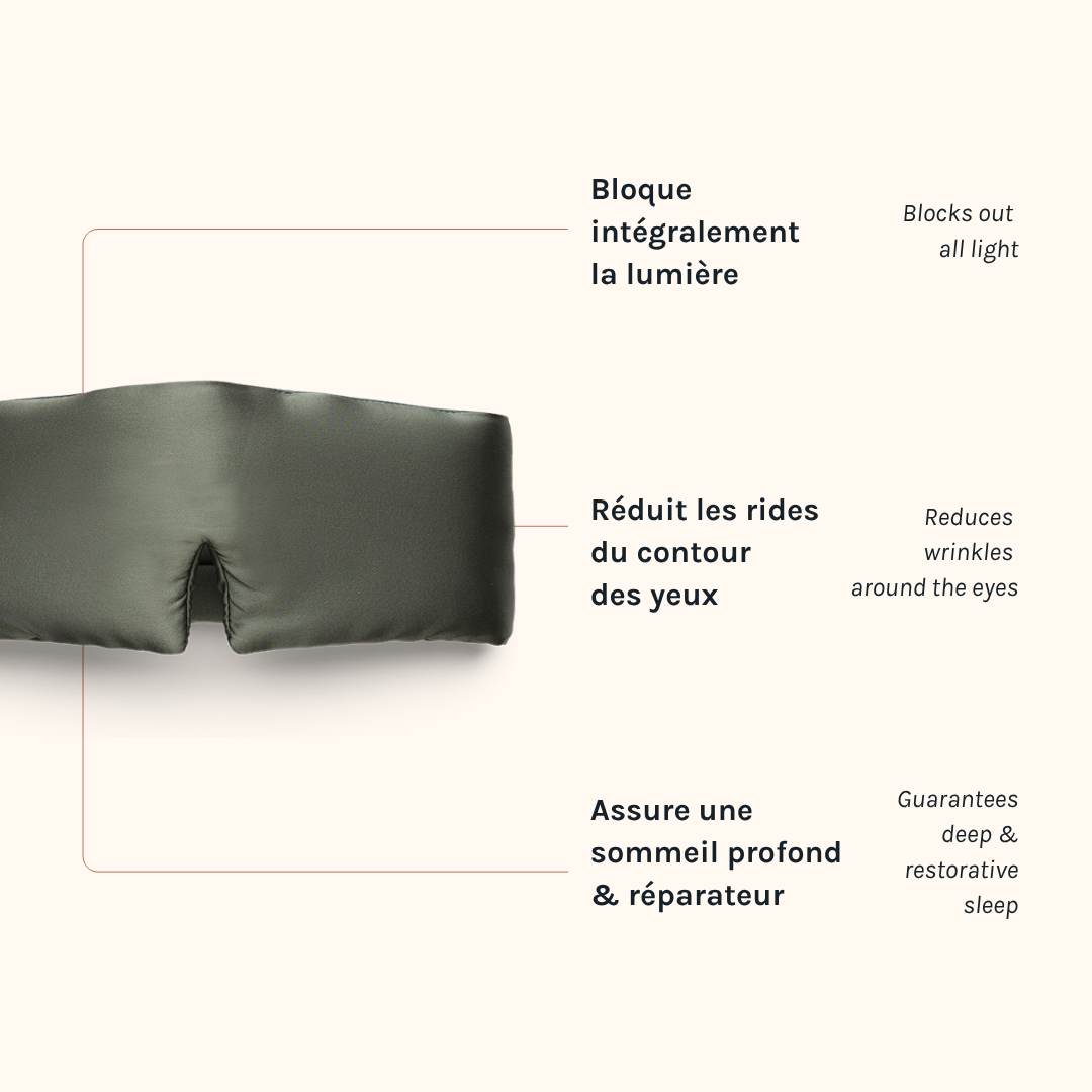 Masque bandeau en pure soie vert, doux et enveloppant pour un sommeil paisible