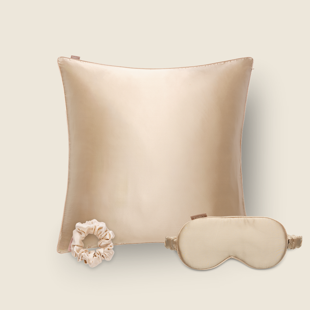 Coffret de Noël - Taie en soie, masque de sommeil, chouchou M - Champagne