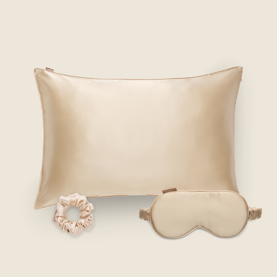 Coffret de Noël - Taie en soie, masque de sommeil, chouchou M - Champagne