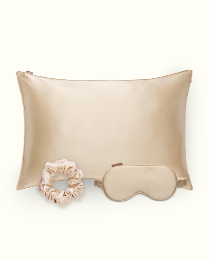 Coffret de Noël - Taie en soie, masque de sommeil, chouchou M - Champagne