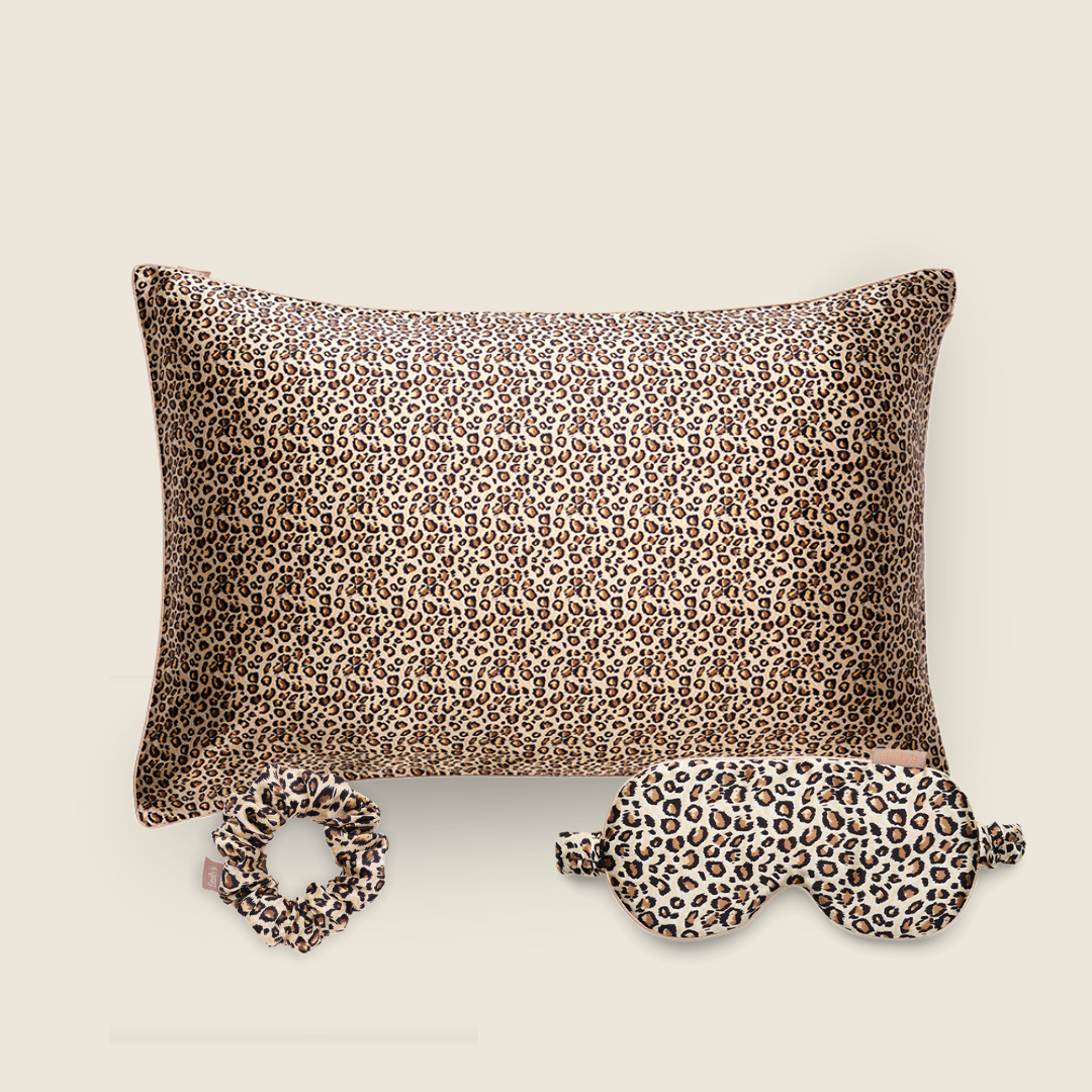 Coffret de Noël - Taie en soie, masque de sommeil, chouchou M - Léopard