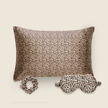 Coffret de Noël - Taie en soie, masque de sommeil, chouchou M - Léopard