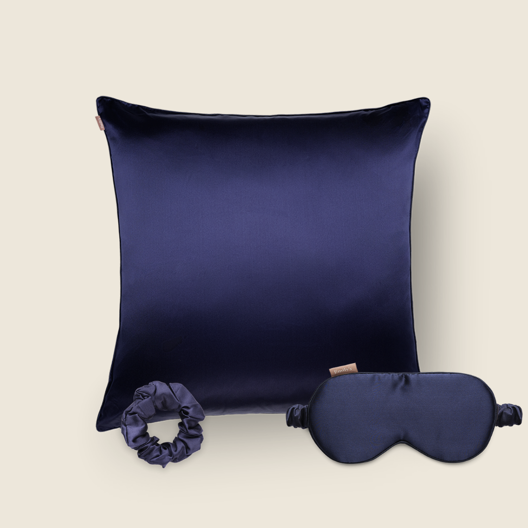 Coffret de Noël - Taie en soie, masque de sommeil, chouchou M - Bleu Nuit