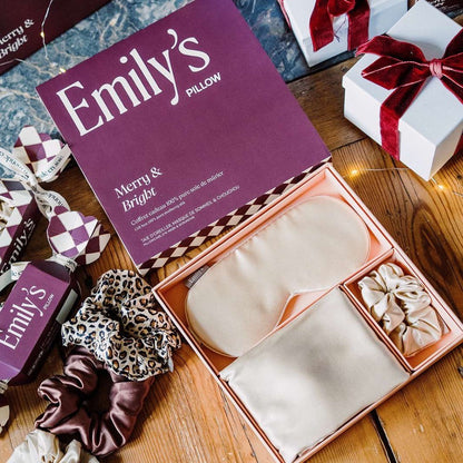 Coffret de Noël - Taie en soie, masque de sommeil, chouchou M - Champagne