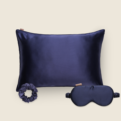 Coffret de Noël - Taie en soie, masque de sommeil, chouchou M - Bleu Nuit