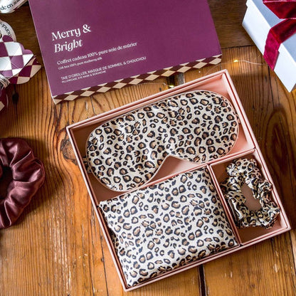 Coffret de Noël - Taie en soie, masque de sommeil, chouchou M - Léopard