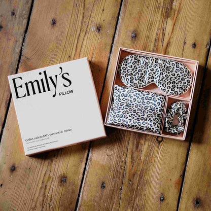 Coffret de Noël - Taie en soie, masque de sommeil, chouchou M - Léopard