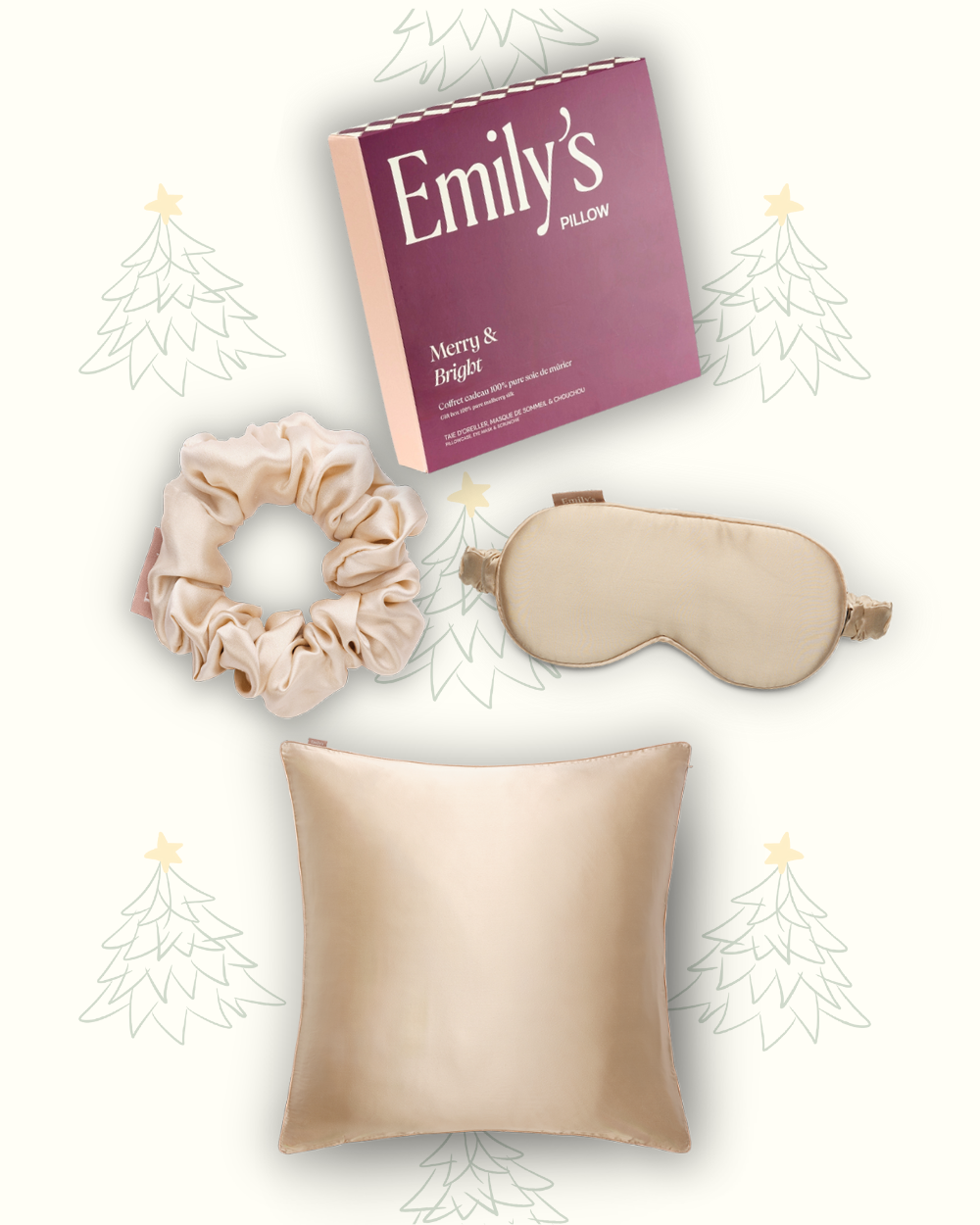 Coffret de Noël - Taie en soie, masque de sommeil, chouchou OFFERT - Champagne