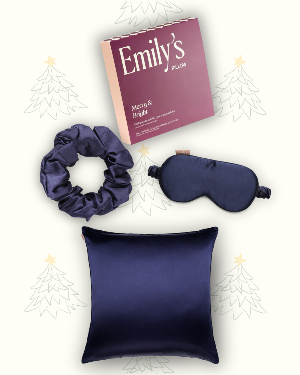 Coffret de Noël - Taie en soie, masque de sommeil, chouchou OFFERT - Bleu Nuit