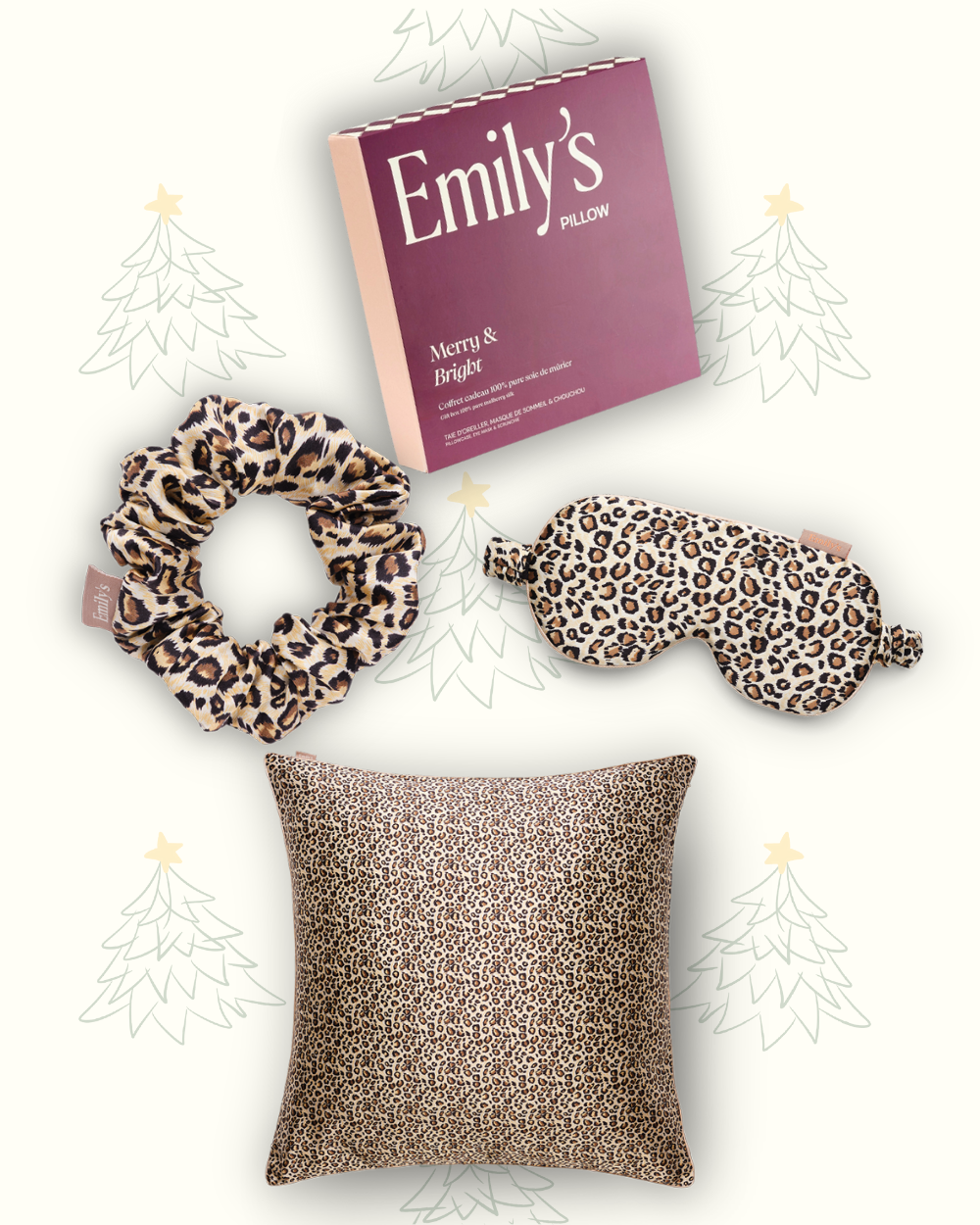 Christmas Gift Set - Silk Pillowcase, Sleep Mask, Scrunchie M - Leopard