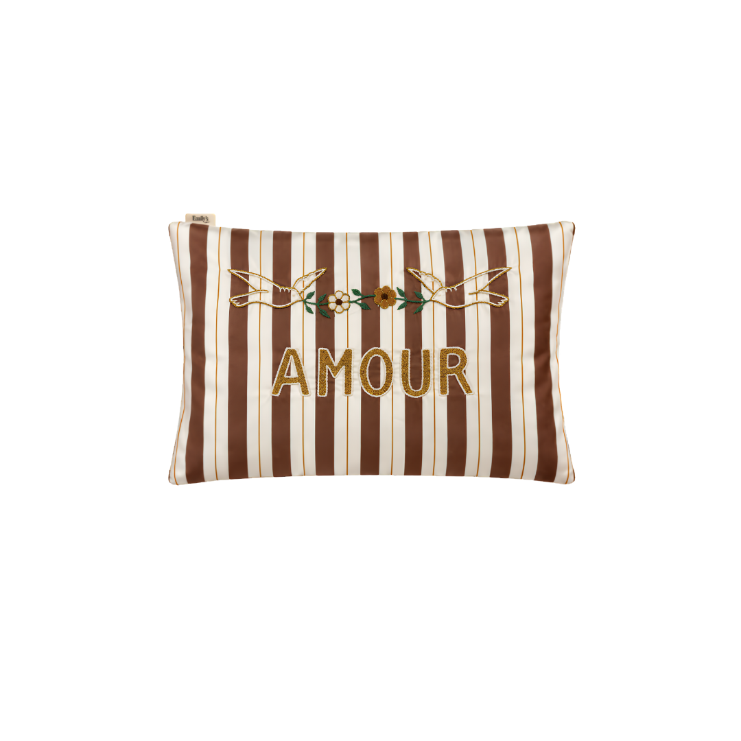 Housse de coussin 100% pure soie de mûrier - Rayures Moka "Amour"