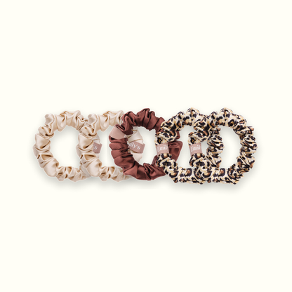 Pack de 5 Chouchous 100 % Soie - Le Petit - Champagne (x2), Léopard (x2), moka