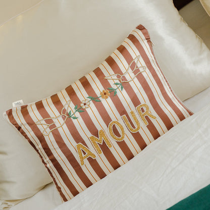 Housse de coussin 100% pure soie de mûrier - Rayures Moka "Amour"