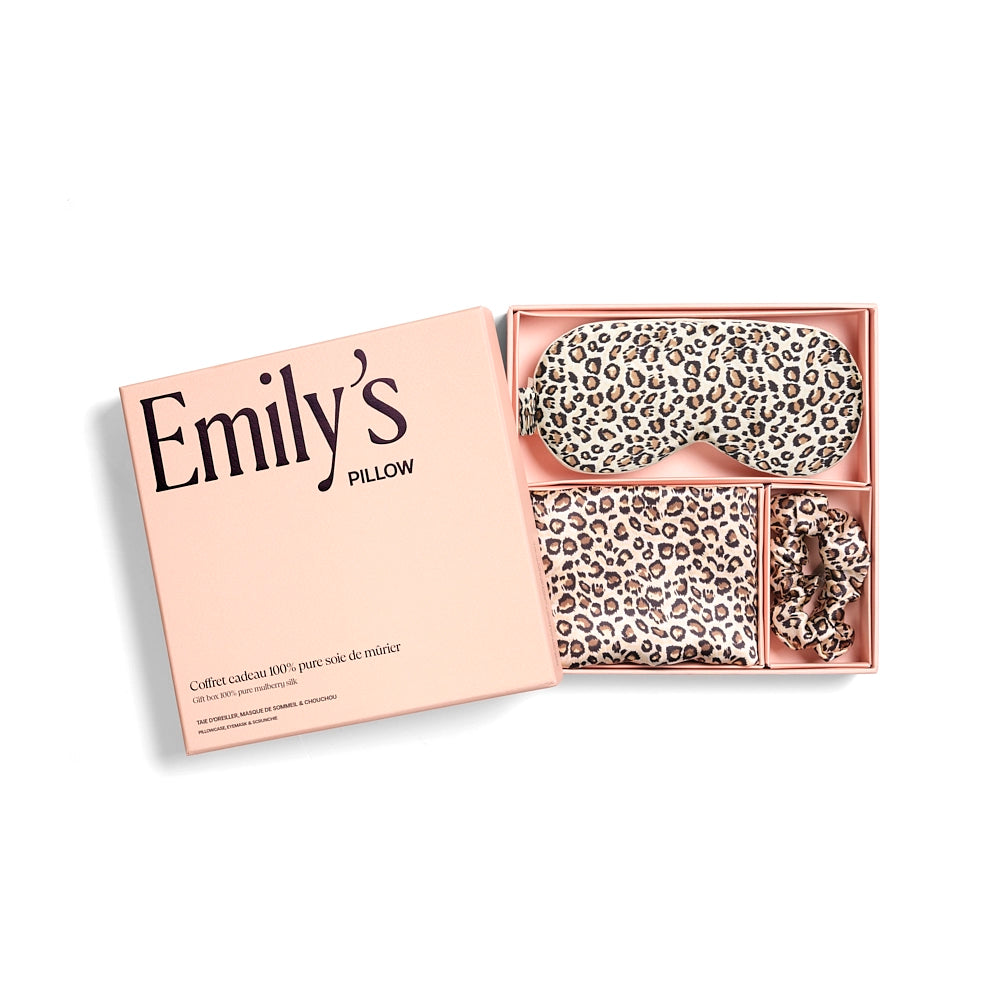 Coffret de Noël - Taie en soie, masque de sommeil, chouchou M - Léopard