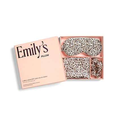 Coffret de Noël - Taie en soie, masque de sommeil, chouchou M - Léopard