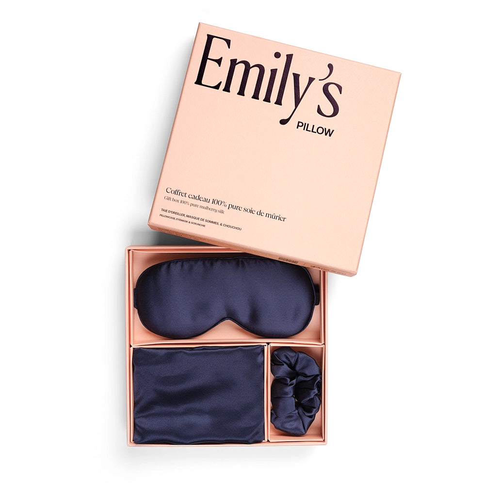 Coffret cadeau - Taie en soie, masque de sommeil, chouchou OFFERT - Bleu Nuit