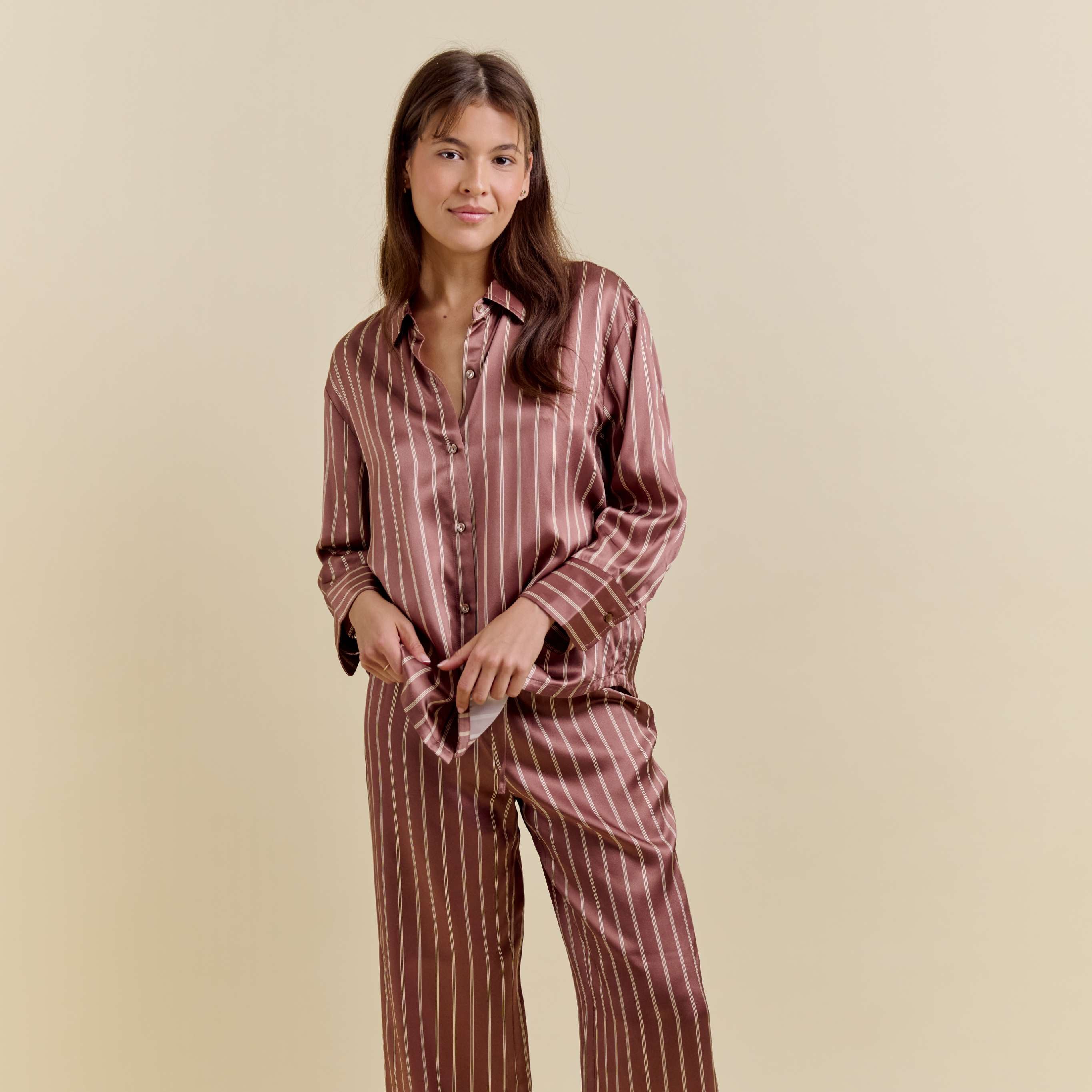 Pyjama Oversize 100% pure soie de mûrier - Rayures Marron