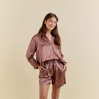 Pyjama Court Oversize 100% pure soie de mûrier - Rayures Marron