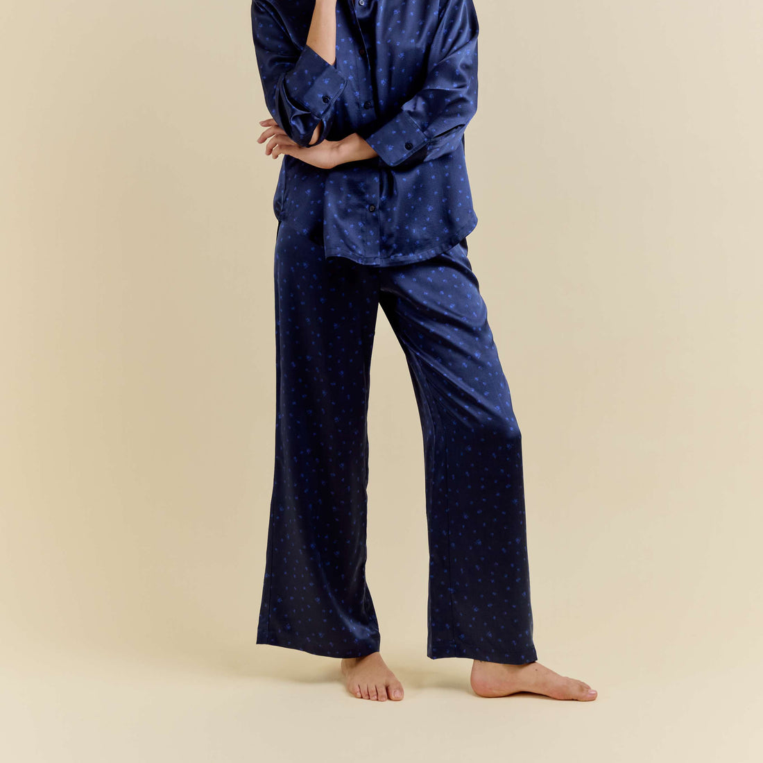 Pantalon Oversize 100% pure soie de mûrier - Bleu Nuit Fleuri
