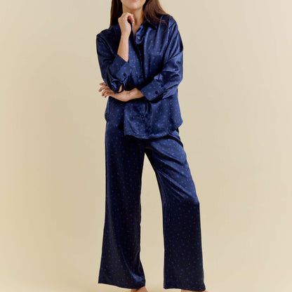 Pyjama Oversize 100% pure soie de mûrier - Bleu Nuit Fleuri