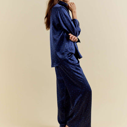 Pyjama Oversize 100% pure soie de mûrier - Bleu Nuit Fleuri