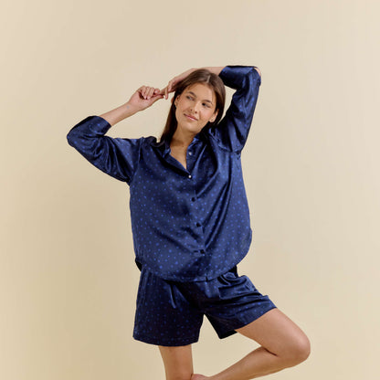 Pyjama Court Oversize 100% pure soie de mûrier - Bleu Nuit Fleuri