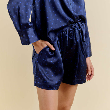 Short Oversize 100% pure soie de mûrier - Bleu Nuit Fleuri