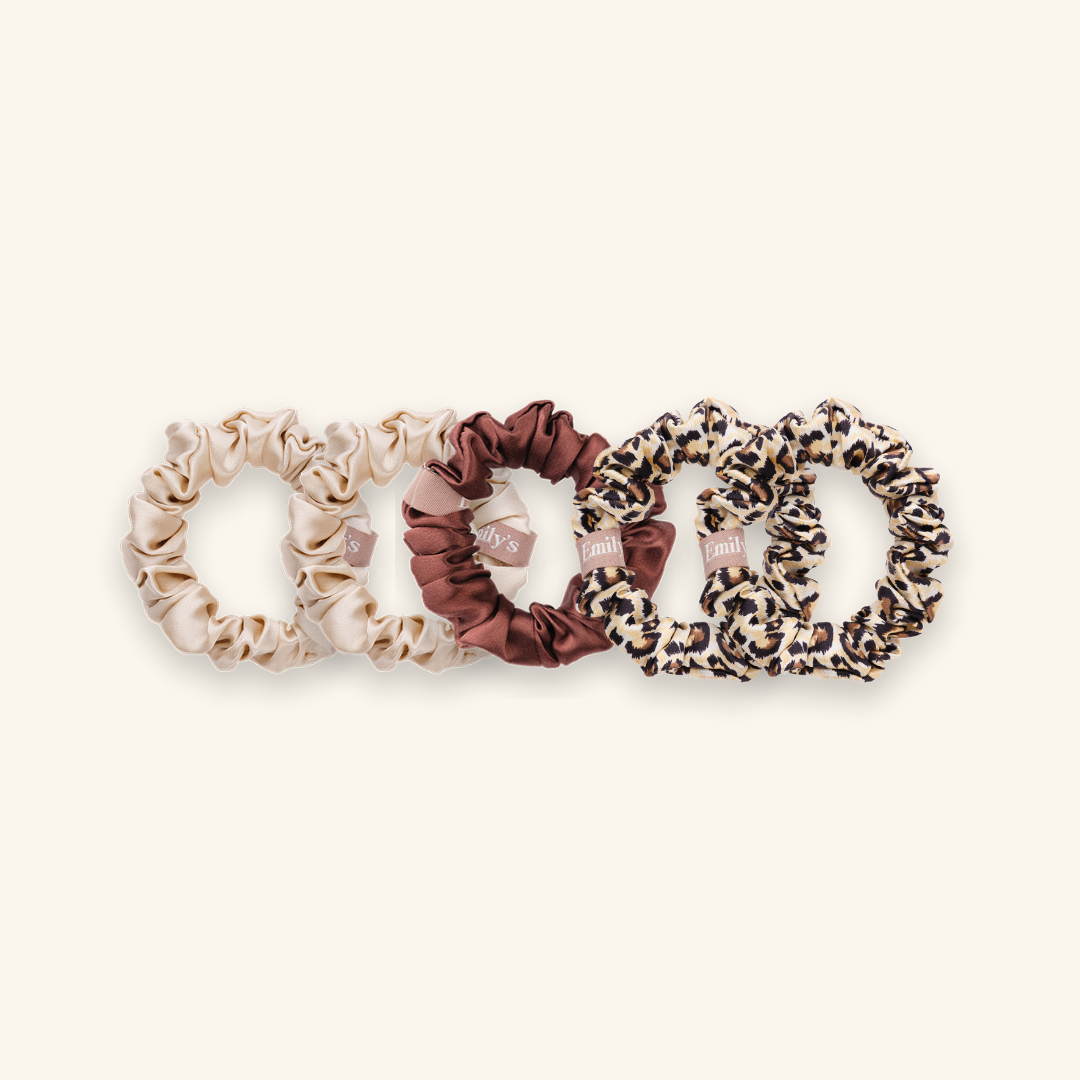 Pack de 5 Chouchous 100 % Soie - Le Petit - Champagne (x2), Léopard (x2), moka