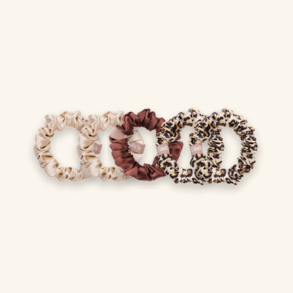 Pack de 5 Chouchous 100 % Soie - Le Petit - Champagne (x2), Léopard (x2), moka