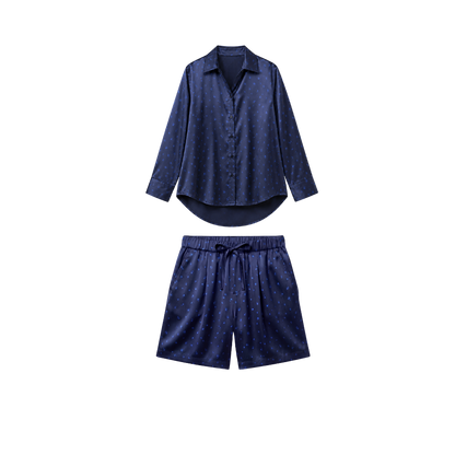 Pyjama Court Oversize 100% pure soie de mûrier - Bleu Nuit Fleuri