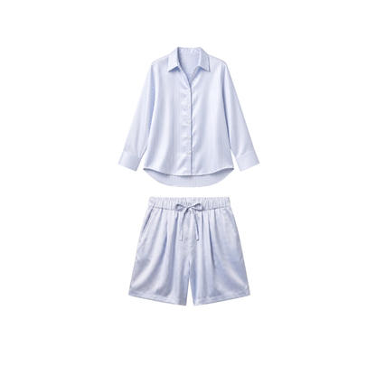 Pyjama Court Oversize 100% pure soie de mûrier - Rayures Bleu Clair