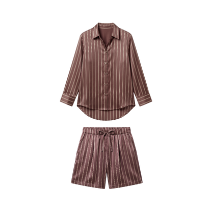 Pyjama Court Oversize 100% pure soie de mûrier - Rayures Marron