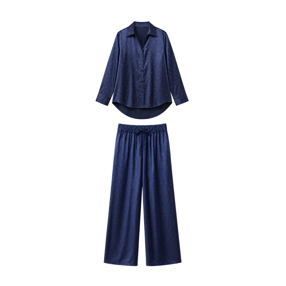 Pyjama Oversize 100% pure soie de mûrier - Bleu Nuit Fleuri